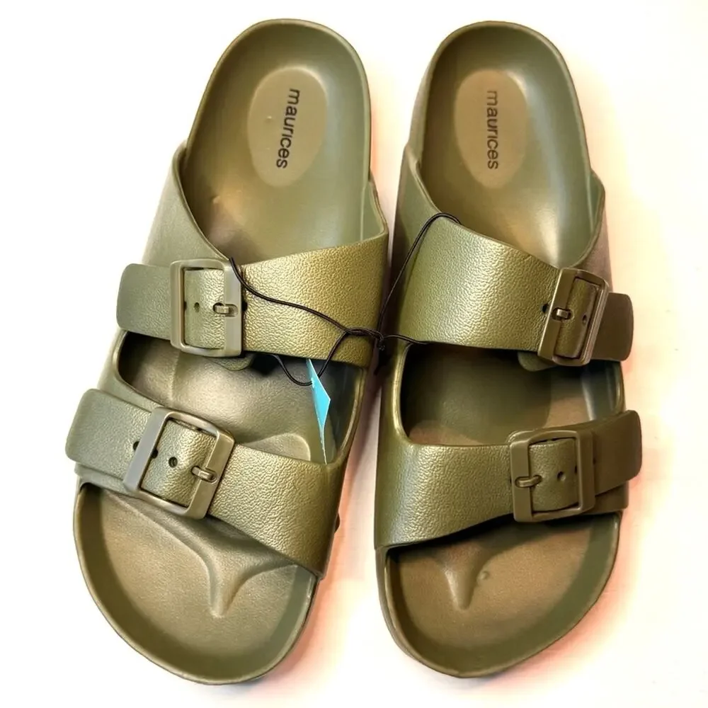Maurices Double Buckle Slip On Sage Green Buckle Slides Sz 11 NWT